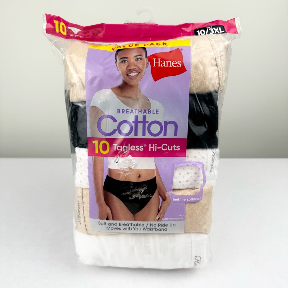 Hanes Women's Sz. 10/3XL Hi-Cut Breathable Cotton Panties 10-Pack BRAND NEW